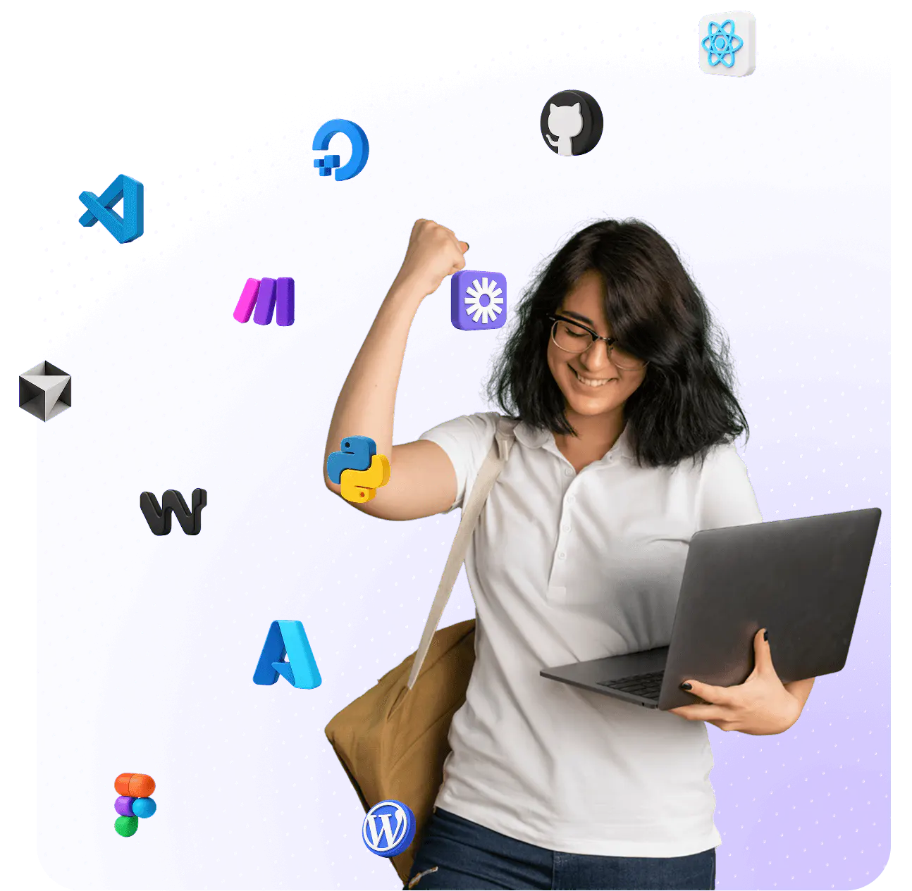 Learner celebrating while holding a laptop, surrounded by technology icons
